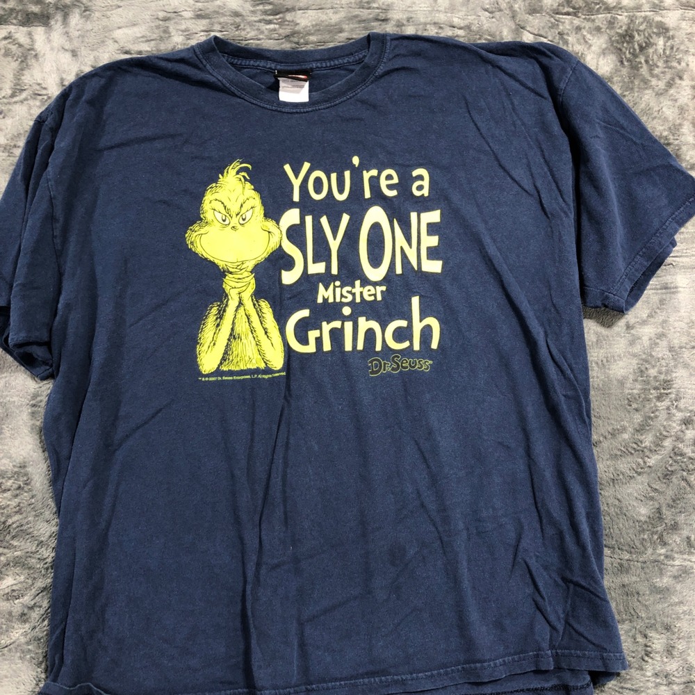 Dr. Seuss‎ The Grinch Graphic T-Shirt Mens 2XL Navy Blue Good 2001 Y2K Holiday